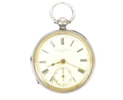 An 19th century silver cased, open faced pocket watch having a white enamel dial, signed 'The Farringdon Regd', Roman numeral