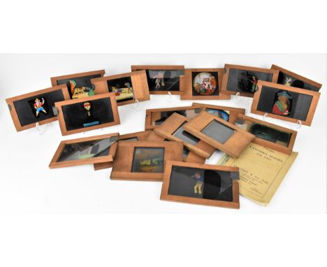 A large collection of Victorian mahogany-framed magic lantern slides, one with lever, the others without handles, most animat