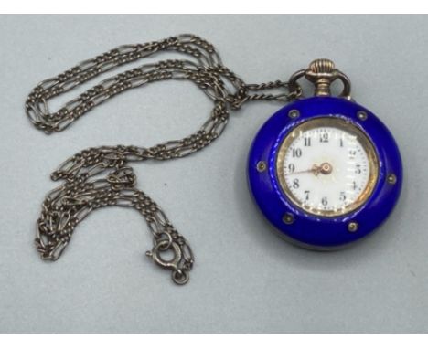 A silver and blue enamel fob watch with seed pearl decoration, and an associated silver chain 23.7g gross