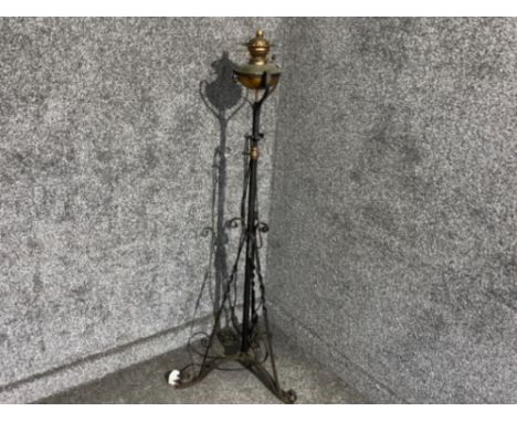 Tripod wrought iron standard copper oil lamp with electric conversion