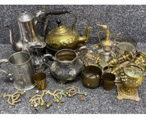 A box of metal ware including brass teapot, 3 piece plated tea service, tray &amp; other brass items