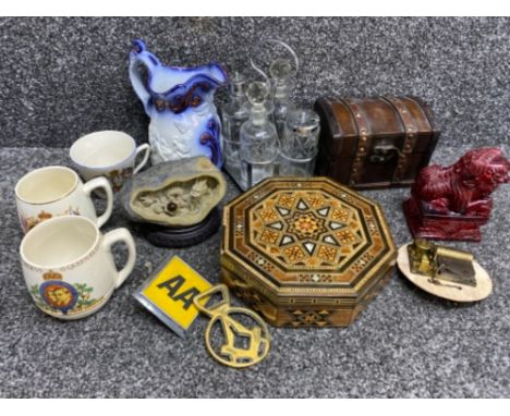 Box lot includes Anglo Indian table box, treasure chest type box, Far East Boulder ornament, AA badge, chrome condiment stand