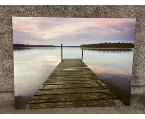 Large Oleograph of a deserted jetty &amp; Lake at sunset, 115x89cm