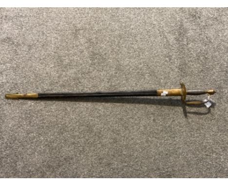 An antique cutlass with steel grip and leather scabbard