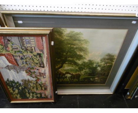 A FRAMED TAPESTRY PLUS A LARGE FRAMED PRINT COUNTRY SCENE