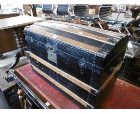 DOME TOP TRUNK, WOODEN AND METAL BOUND