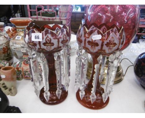 PAIR OF CRYSTAL DROP RUBY LUSTRE'S, ONE DAMAGED