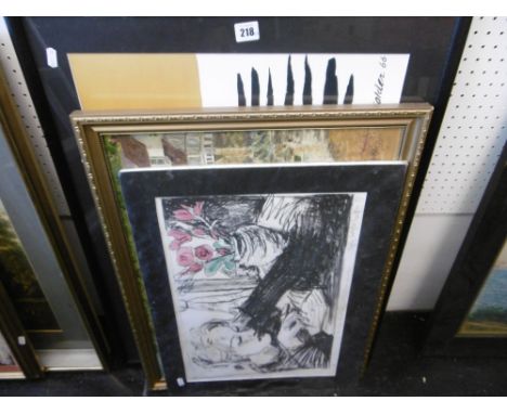 A FRAMED ALEXANDER CALDER PRINT, OIL ON BOARD CORNISH FISHING VILLAGE AND A TIFFANY WINTERBOTTOM LITHOGRAPH