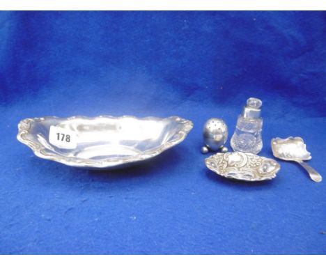 A SMALL GROUP OF SILVER ITEMS AND A PLATED PEPPER POT:A PART MARKED GEORGE III SILVER CADDY SPOON, STERLING SILVER SILVER BOW