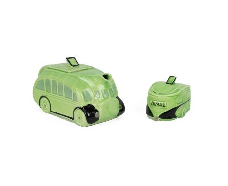 Beswick or Sadler Art Deco 1930's teapot in the form of a green bus, with black highlights and the registration T44, impresse