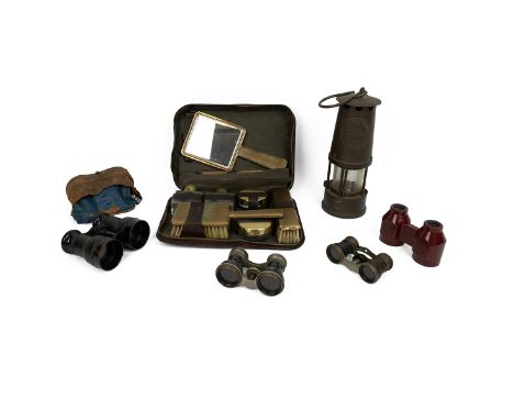 A vintage brass Eccles miner's lamp, "Protector Lamp &amp; Lighting Co.", h 15.5 cm. Four opera glasses, one engraved with "C