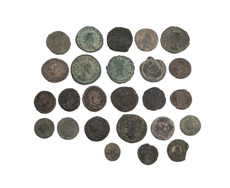 Twenty-five (25) Roman bronze coins, various emperors and denominations, all metal-detecting finds, 64g total weight.
