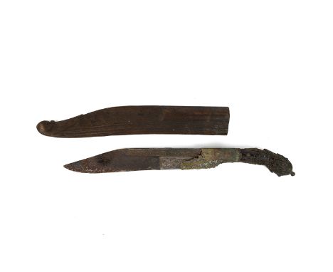 Indian/Nepalese dagger with ornate brass handle in carved bamboo sheath. Total Length 33cm.