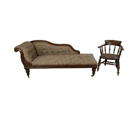 Victorian mahogany chaise longue with tapestry fabric, together with a beech and elm desk or captains armchair c1900. Chaise: