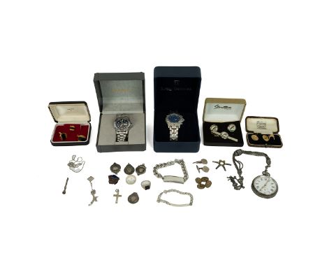 Silver cased pocket watch and chain, along with various silver items weighing approximately 95.4g, along with a pair of gold 