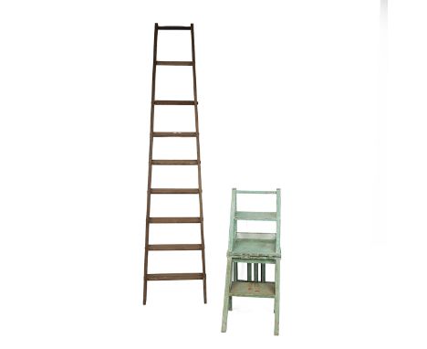 Metamorphic library steps/ chair painted in green with blue borders and tulips detail. Also a vintage hardwood step ladder. C