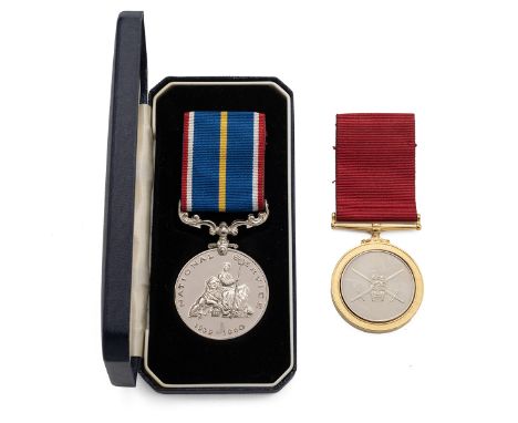 Two (2) unofficial uninscribed British medals, including National Service Medal in presentation box and gold plated 'For Crow