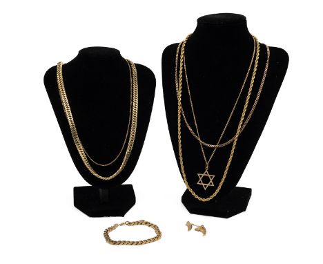 Three 9ct gold rope necklaces, one with a Star of David and a gold dagger, 49.39 gross weight and various gold plated chains.