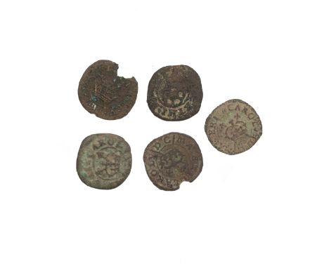 Five (5) 1636-1644 rose-type copper Farthings, King Charles I, all single arch crown, S 3206, all metal detecting finds.