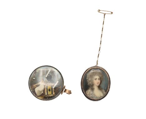 Portrait of a lady, oval miniature watercolour on ivory, probably 18th century, fashioned as a brooch, glazed and encased in 