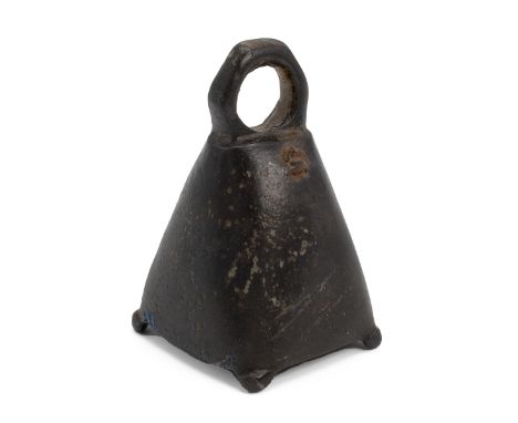 Roman square-based bronze bell, 55mm high, base measures approximately 35mm by 35mm, 66g.