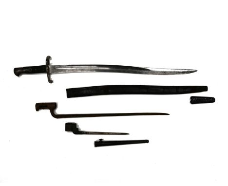 Three (3) British bayonets. Includes (1) 19th-century Brown Bess socket bayonet, (2) WW2-era British no. 4 Mk II Spike bayone