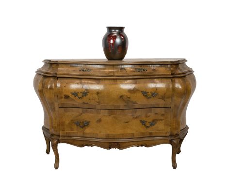 Vintage Italian bombe commode chest of drawers, c1930s.&nbsp; Olive wood veneer with cast brass handles, two small drawers ov