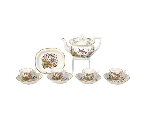 Early 19th century New Hall bat-printed and hand-coloured part tea set comprising 4 cups, 4 saucers, teapot with lid on stand