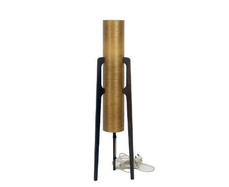 Mid-century 'Rocket' floor lamp. Orange fibreglass tubular shade held by three teak supports. H 94cm, W 24cm.&nbsp;&nbsp;