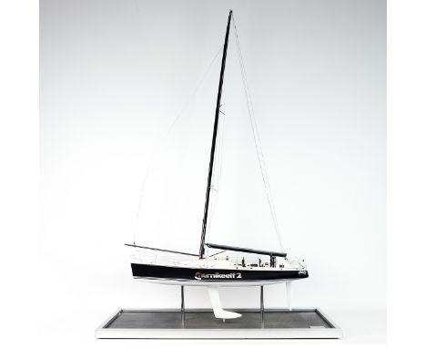 Bespoke scale model yacht on base, 'Farr 52 Chernikeeff 2'. Moulded plastic 1:20 scale model built by John Bertola, circa ear