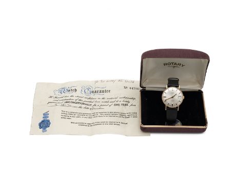 Vintage 9ct gold cased Rotary wristwatch in box, c1970. Manual wind, 17 jewels Incabloc, date at 3, brushed steel dial with g