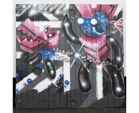 Street art by Fan HC. A set of pine bi-fold doors from Camden Lock market painted by Fanakapan in 2014, then removed during m