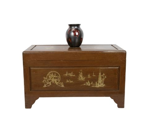Vintage Chinese Camphor wood blanket box / trunk, c1950s. Lacquered finish with gilt traditional oriental landscapes painted 