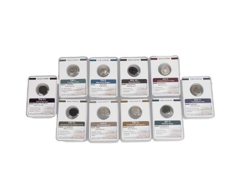 Ten (10) Roman silver and bronze coins in Coins &amp; History Foundation cases, including 80 BC C Publicius Denarius, 72 AD V