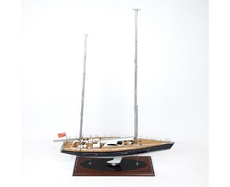 Bespoke scale model sailing yacht 'Sojana' on hardwood base, early 21st Century. The 35m Sojana was built by Farr yacht desig
