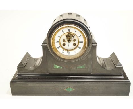 A large 19th Century black slate and marble mantel clock, having circular enamel dial with Roman numerals, visible escapement