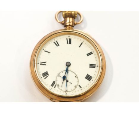 A 9 carat gold open faced pocket watch, London 1928, white enamel dial with black Roman numerals, hands and sunken subsidiary