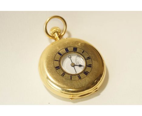 Anonymous, an 18 carat gold half hunter pocket watch, London 1922, the white enamel dial with black Roman numerals, hands and