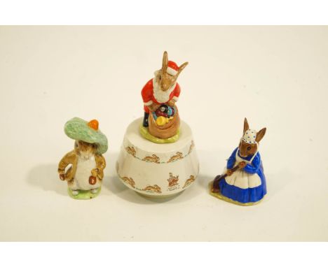 A Royal Doulton Bunnykins musical 'Santa Claus', a Royal Doulton Mrs Bunnykins 'Clean Sweep', and a Beswick Benjamin Bunny, b