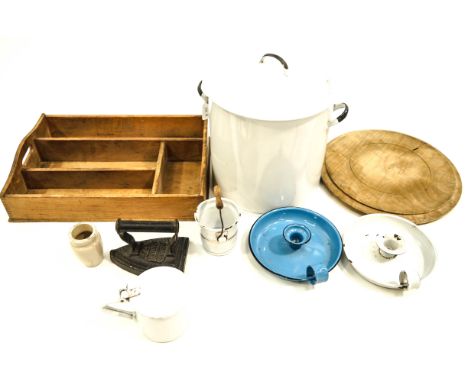 Assorted kitchenalia, including enamel flour bin, candlestick and iron.