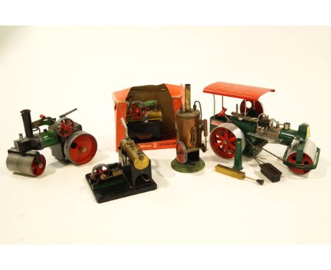 A Wilesco 'Old Smokey' steam roller, a  Mamod steam roller, Mamod 'Minor 2' steam engine, boxed, a 'Burnac' steam engine, and