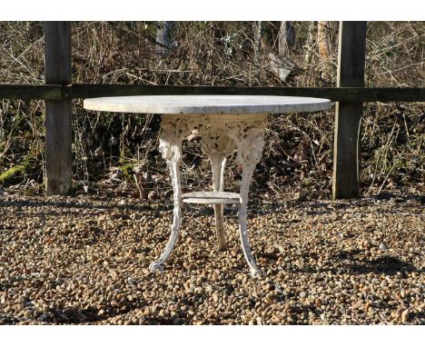 A Britannia cast iron marble top garden table,the circular top over a pierced tripod base,98cm diameter68cm highCondition rep