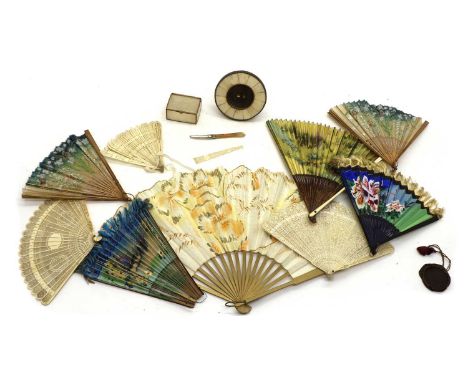 A collection of fans, 19th/20th century, to include a Chinese pierced ivory example, two similar bone examples, and six furth