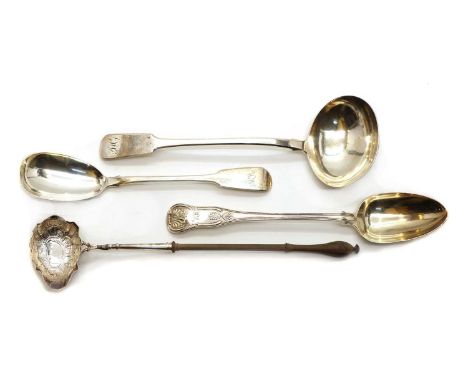 A George IV Old English pattern silver ladle,Exeter 1825, together with two William IV serving spoons,and a Georgian toddy la