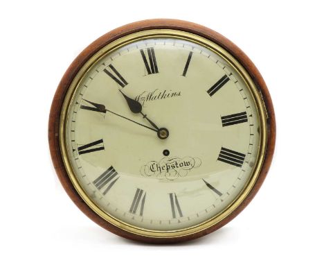 A mid 19th century mahogany wall clock, the convex painted dial inscribed 'Wm Watkins, Chepstow', with single fusee movement 