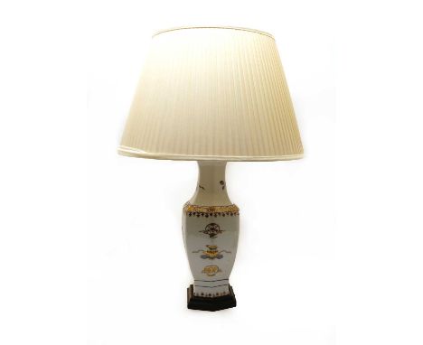 A porcelain baluster vase table lamp and shade, modern, of hexagonal baluster shape with gilt and enamel decoration on an int