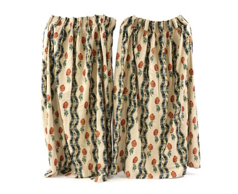 Two lined and interlined linen curtains, printed with stripes and flowers 'Pine Cone' pattern by G P &amp; J Baker, 99cm wide
