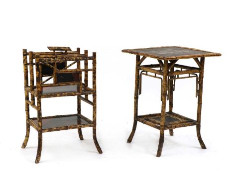 A Victorian and lacquered bamboo table, late 19th century, 50cm square 70cm high and a magazine rack, with a shelf below, 41c