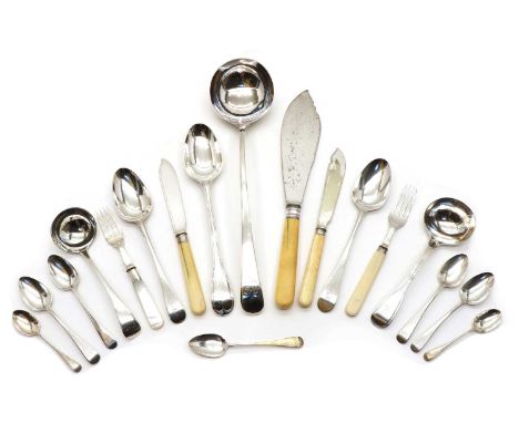 A collection of three George III Old English pattern tablespoons and a ladle,London 1783, together with fourteen George III t