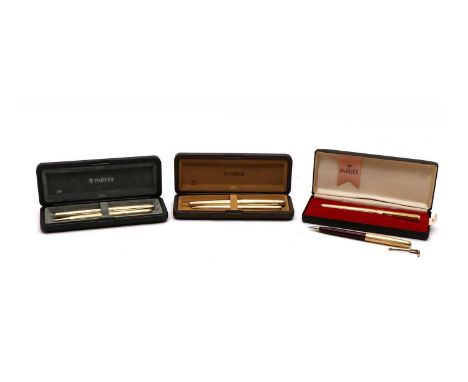 A group of six Parker pens, comprising a Parker '50 Falcon' rolled gold fountain pen and ballpoint pen set, marked Made in En